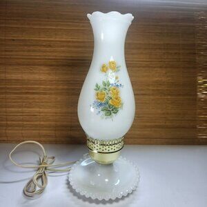 Hurricane Lamp Vintage Electric White Milk Glass Floral Tabletop or Bedside Lamp
